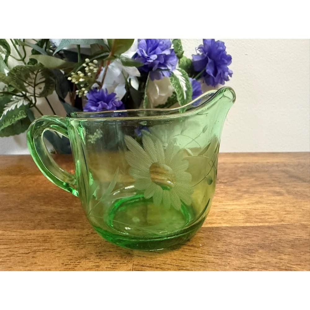 Vintage Green‎ Glass Creamer Etched Floral Pitcher  Depression Era Kitchenware